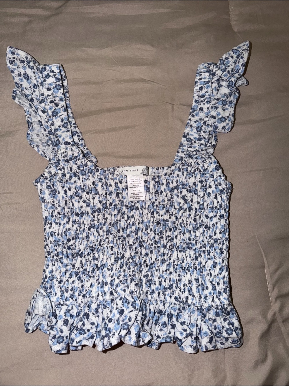 Altar'd State Blue and White Floral Smocked Tank